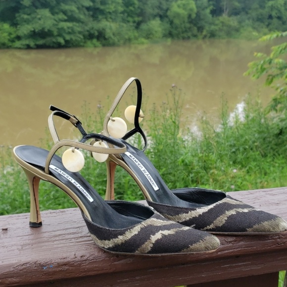 Manolo Blahnik Shoes - Manolo Blahnik Green/Black Canvas Heels sz 6.5